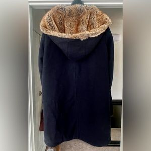 Beautiful navy blue wool parka with faux fur full lined hood Long tall Sally